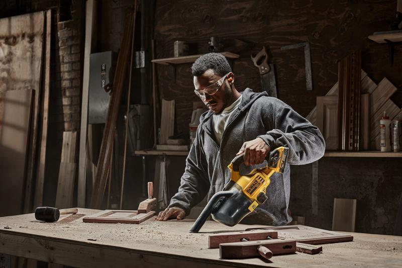 Una persona utiliza una aspiradora portátil DEWALT modelo DCV501HB para limpiar aserrín de un banco de trabajo en un taller de carpintería. Se pueden ver varias herramientas y piezas de madera en la mesa y los estantes del fondo.
